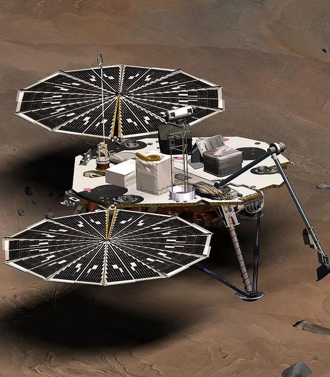 An illustration of NASA’s Phoenix Scout lander with sun panels deployed.